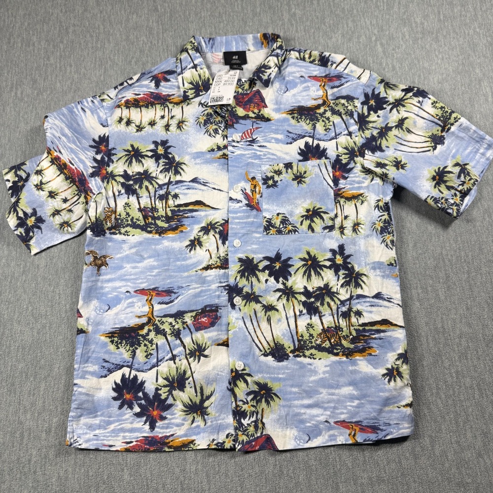 H&M Shirt Mens Small Blue Tropical Hawaiian Surfer Palm Tree Beach Loose Button